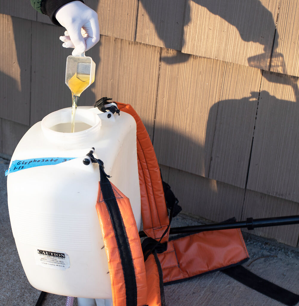 Roxie Campbell pours 4 ounces of glyphosate herbicide into a sprayer